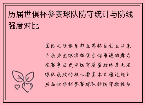 历届世俱杯参赛球队防守统计与防线强度对比